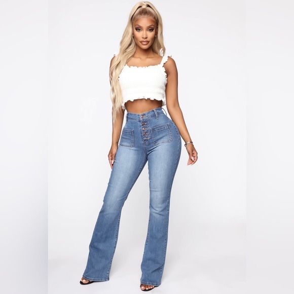 Fashion Nova Katt Flare Button Jeans - Medium Blue Wash - Picture 4 of 12